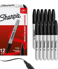 Fine Tip Permanent Markers Black 12 Pack Quick Drying Fade Resistant Multi Purpose Ink For Paper Plastic Wood Metal, displayed with packaging.