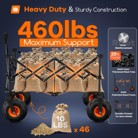 38 Inch Collapsible Beach Wagon With 10 Inch Balloon Wheels For Sand All Terrain Heavy Duty Beast Hauler 460 Pound Capacity Foldable Wagon For Camping Groceries And Sports Black loaded with sandbags and highlighting construction features.