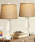 Set of 2 three way dimmable touch lamps with USB ports and AC outlet on wooden table, rustic resin base with drum shade
