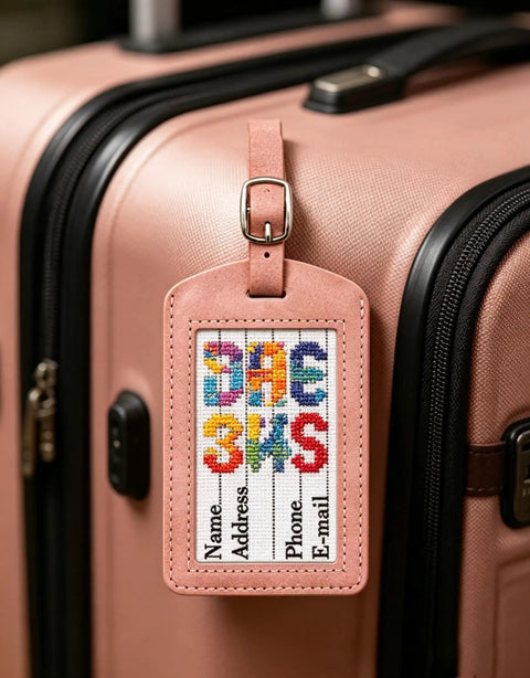 Four Pack No Fuss Needlepoint Luggage Tags Featuring Slick Faux Leather Shell And Crystal Clear Id Window on a pink suitcase.