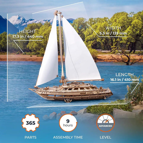 Serenity's Dream Model Yacht Kit Wind Up 3D Wooden Puzzle For Adults DIY Sailboat Model 17.3 Inch Tall Hands On Mechanical Boat Craft For Enthusiasts Great Gift, wooden sailboat with dimensions