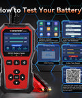 All-In-One 6V 12V 24V Battery Tester For Cars, Trucks, And Bikes With Built-In Reverse Polarity Protection, Test Range 10-2000 CCA Across Flooded, AGM, Gel, EFB, And Lithium. handheld battery tester showing battery test steps and QR code