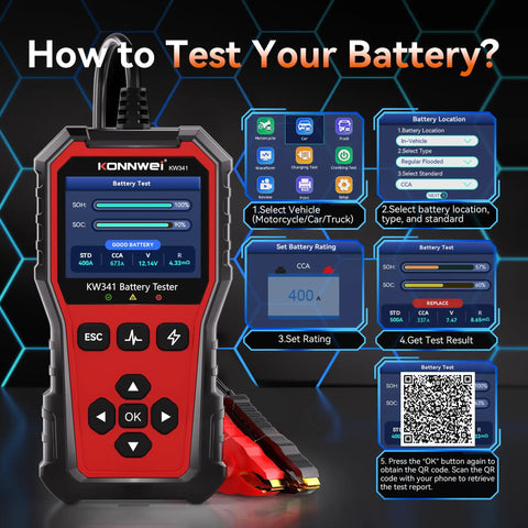 All-In-One 6V 12V 24V Battery Tester For Cars, Trucks, And Bikes With Built-In Reverse Polarity Protection, Test Range 10-2000 CCA Across Flooded, AGM, Gel, EFB, And Lithium. handheld battery tester showing battery test steps and QR code