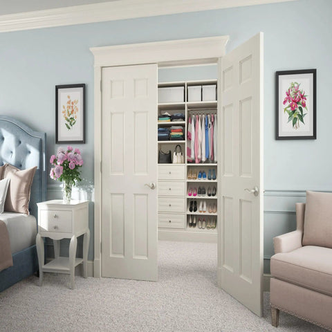 Bedroom with open double doors revealing closet, featuring right hand satin nickel accent door lever non turning dummy handle surface mounted decorative door pull for inactive door or double door setup perfect for home renovations and modern interiors.