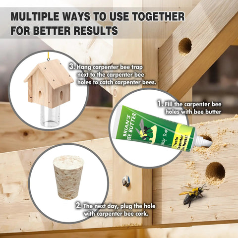 Carpenter Bee Corks 200 Pack For Holes 9-13 Mm Easy To Insert Durable Outdoor Wood Repair shown with bee butter and trap