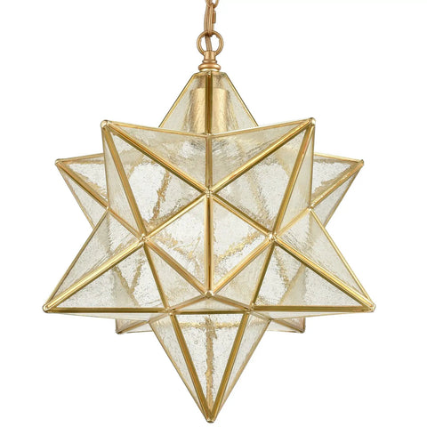 Moravian Star Light Fixture Modern Brass Seeded Glass Pendant Light for Boho Moroccan Style Rooms with 15 Inch Shade.