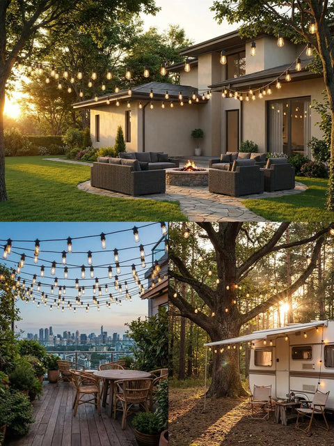 S14 Outdoor String Lights 100Ft Waterproof Patio Lights With 35 Shatterproof LEDs 2 Spares UL Certified hanging over patio.