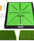 Three In One Golf Hitting Mat For Simulators Nets And Home Practice With Dual Turf And Strike Feedback Pad in green with tees