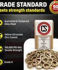 Split lock washers, 3/8 in, Grade 8, yellow zinc chromate coated, 50 pcs in Chenango Supply box.