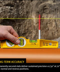 Close-up of Die Cast Three Vial Torpedo Level With 1 Percent And 2 Percent Slope Rings in hand on job site.