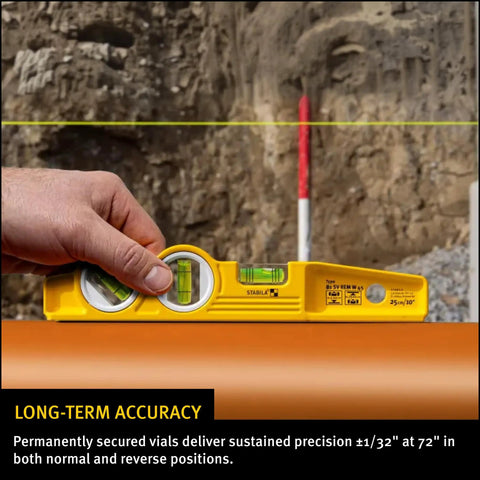 Close-up of Die Cast Three Vial Torpedo Level With 1 Percent And 2 Percent Slope Rings in hand on job site.