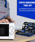 Person using microwave next to open 24 Piece Home Tool Kit with hammer, screwdrivers, pliers, wrench set and storage bag