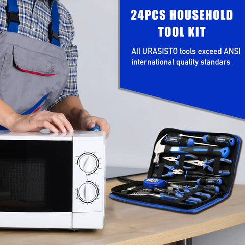 Person using microwave next to open 24 Piece Home Tool Kit with hammer, screwdrivers, pliers, wrench set and storage bag