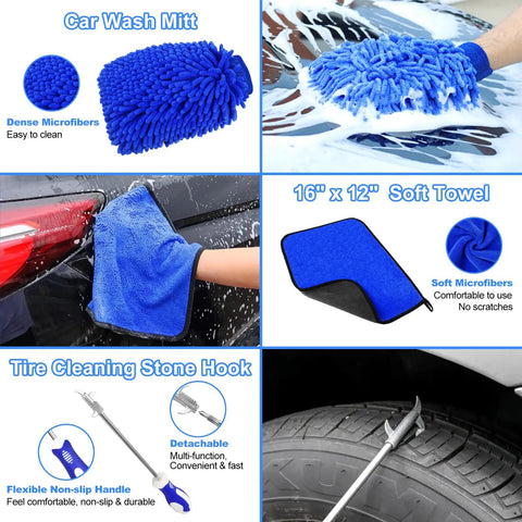 12Pcs Wheel Brush Kit For Cleaning Wheels And Tires With Bendable Rim Brushes, soft towel and tire cleaning stone hook in use