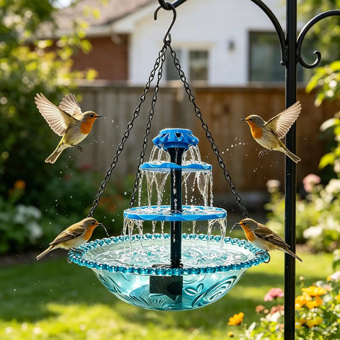 Three Tier Solar Powered Hanging Bird Bath Fountain with cascading water flow, attracting hummingbirds and wild birds in a garden.