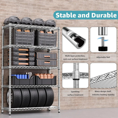 Heavy Duty Badass 5 Tier Chrome Wire Shelving Rack Ultimate Kickass Storage Organizer, showing adjustable shelves and durable construction.