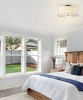 Bedroom with Two Light Flush Mount Ceiling Light In Dark Bronze With White Linen Drum Shade, Low Profile Design, E26 Base