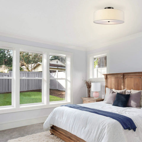 Bedroom with Two Light Flush Mount Ceiling Light In Dark Bronze With White Linen Drum Shade, Low Profile Design, E26 Base