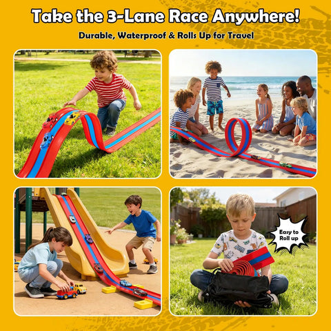 Kids playing with 16ft Flexible Race Track For Kids 3 Plus With 3 Lane Roll Up Design Includes 4 Pull Back Cars Portable Bath And Floor Play Track Easy Setup For Bathtub Tiles Or Carpet Blue And Red Perfect Birthday Gift For Boys And Girls
