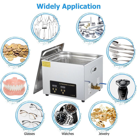 Pro 15 Liter Ultrasonic Cleaner Machine With Heater And Digital Timer for cleaning various items like glasses, jewelry, and dentures.