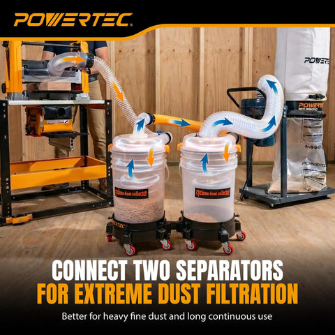 Low Profile Cyclone Dust Separator Kit for Shop Vac and Dust Collectors, shown with two 5-gallon buckets in use.