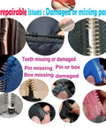Zipper Repair Kit Size Five Twelve Piece Set With Sliders Top Stops And Bottom Stops For Coats And Jackets No Fuss Easy Quick Fix For Metal Plastic And Nylon Zipper Teeth. Image showing various unrepairable zipper issues with missing teeth and parts.