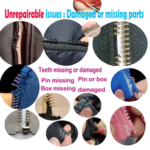 Zipper Repair Kit Size Five Twelve Piece Set With Sliders Top Stops And Bottom Stops For Coats And Jackets No Fuss Easy Quick Fix For Metal Plastic And Nylon Zipper Teeth. Image showing various unrepairable zipper issues with missing teeth and parts.