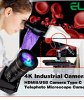 Close-up of 4K industrial camera mounted on microscope, featuring 5-50mm lens, ideal for viewing blood cells.