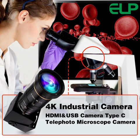 Close-up of 4K industrial camera mounted on microscope, featuring 5-50mm lens, ideal for viewing blood cells.