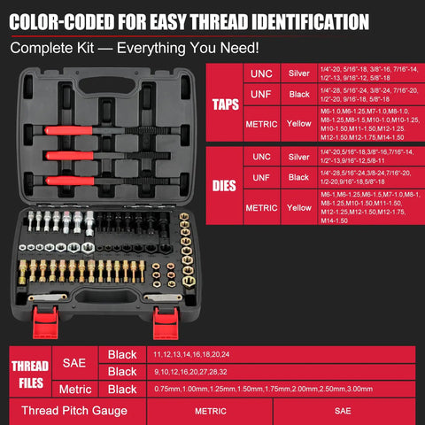 61 Piece Thread Chaser Set For Rethreading And Bolt Repair Pro Grade, SAE And Metric Taps Dies, Thread Files, Open Case View
