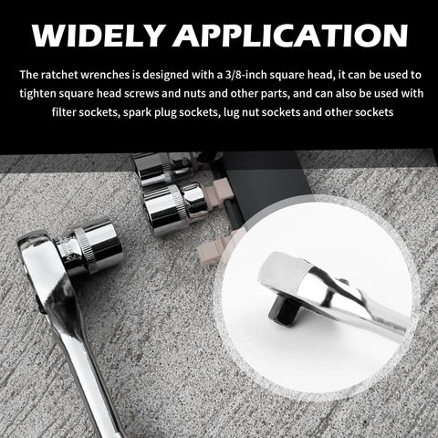 Close-up of Eight Inch Dual Direction Ratchet Wrench With Three Eighths Drive Ideal For Filter Spark Plug Lug Nut Sockets Universal Quick Release Multi Purpose Car Repair Tool Durable Steel Construction For Easy Auto Home Shop Use on concrete.