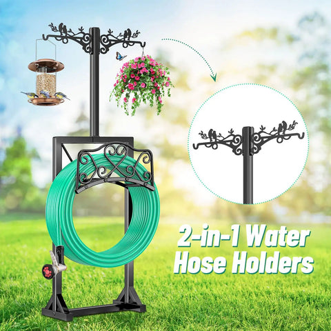 Heavy Duty Free Standing Garden Hose Holder Stand With Two Shepherd Hooks Detachable Metal Hose Storage Rack for Outdoor