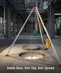 Built Like A Tank Heavy Duty Aluminum Confined Space Tripod Kit For Manhole Rescue With Manual Winch And Self Retracting Lifeline, showing stable tripod setup.