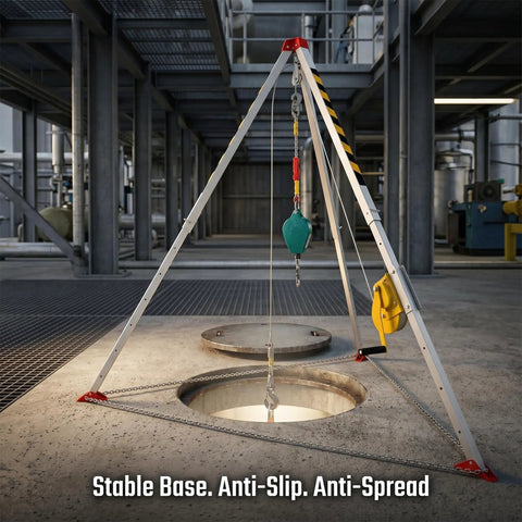 Built Like A Tank Heavy Duty Aluminum Confined Space Tripod Kit For Manhole Rescue With Manual Winch And Self Retracting Lifeline, showing stable tripod setup.