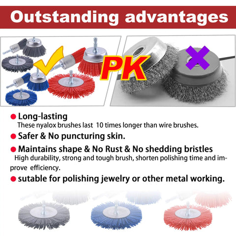 Image showing a comparison between non-sparking 10 Pack Nylon Filament Wheel And Cup Brush Set and metal brushes for rust removal.