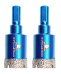 Two blue 1-inch diamond core drill bits with triangle shank, front view.