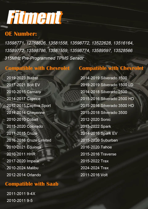 Fitment guide for Preprogrammed TPMS Sensor Tire Pressure Monitoring System Replaces 13598771 with compatible vehicle list.