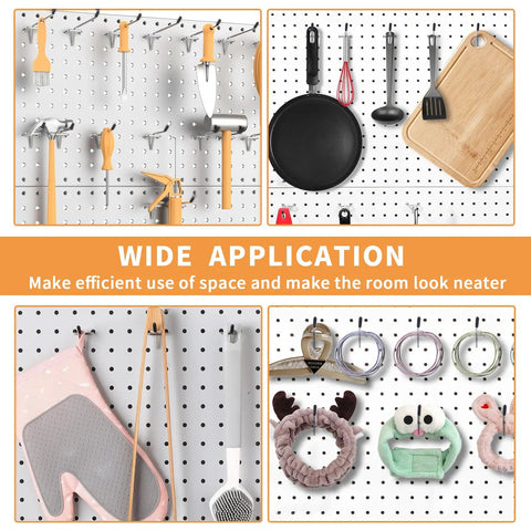 Heavy Duty Pro Grade Metal Pegboard Hooks 25 Pack, 4 Inch Peg Board Hangers For Hanging, Fits One Eighth Inch Pegboards, Great For Garage Shop Office Kitchen Crafts Organization, Galvanized Silver, organizing tools and items on a pegboard.