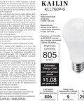 LED light bulb packaging with specifications including 805 lumens, estimated cost, and energy usage details