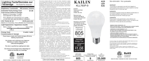 LED light bulb packaging with specifications, including 805 lumens brightness, 9W power, and E26 base. Kailin KLL760P-9 model.
