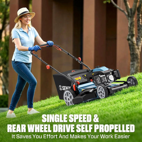 Workhorse 201cc Gas Lawn Mower With 3 In 1 Cutting System Side Discharge Mulching And Bagging Self Propelled Rear Wheel Drive Six Position Height Adjustment For Lawn And Garden, rear view