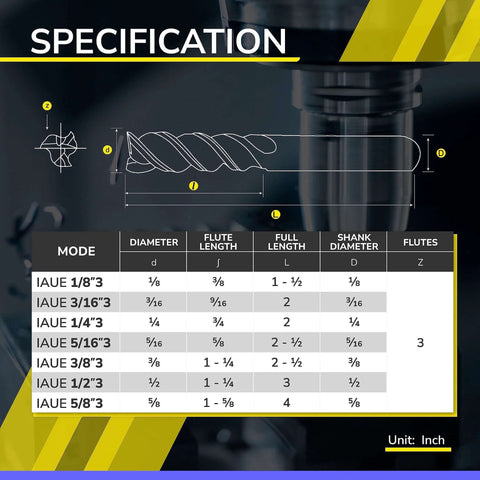 Front view: SPEED TIGER carbide square end mill, 3-flute, 3/8 in shank, shown with spec diagram and table