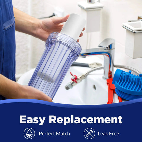 Person holding 50 Micron Sediment Water Filter Cartridge 10x2.5 Inch Polypropylene for Whole House RO in front of sink.