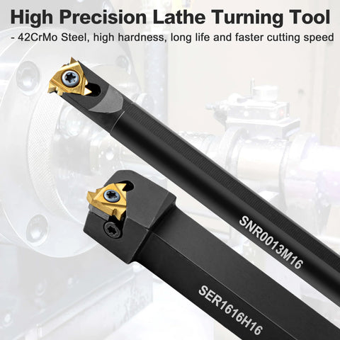 Two black metal lathe threading tool holders with gold carbide inserts.