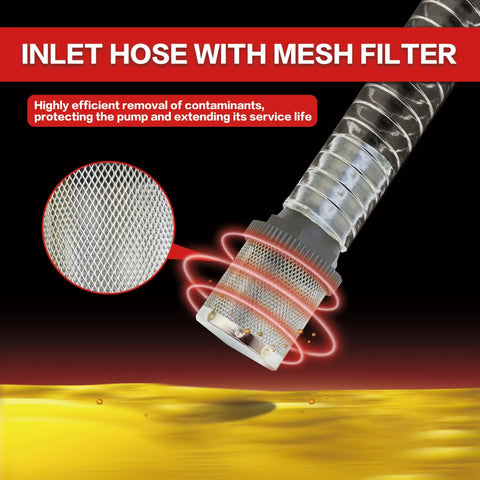 Inlet hose with mesh filter for High Output Premium 12 Volt Electric Fuel Transfer Pump Moves 13 Gallons Per Minute.