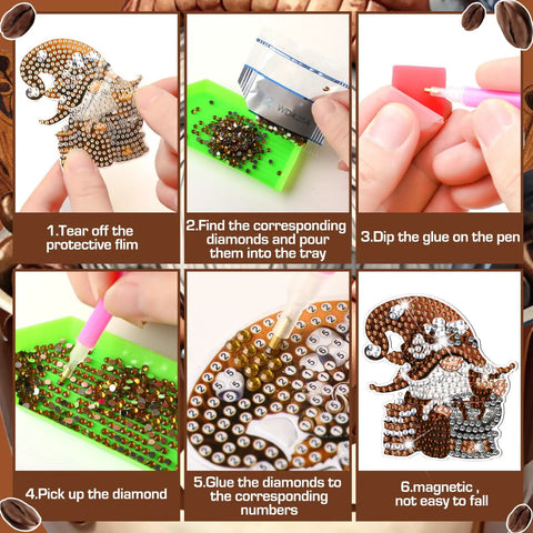 Steps to create 12 Piece Diamond Art Magnets Set With Coffee Gnome Refrigerator Art Easy DIY Diamond Painting Magnets Kit