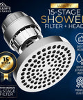 High Pressure Rainfall Shower Head Set That Delivers A Real Deal Clean By Filtering Chlorine, Heavy Metals And Impurities While Softening Water, 15 Stage Filtration With KDF 55 Activated Carbon, 90 Jets And 360 Degree Rotation For A Dope Shower in packaging, chrome finish