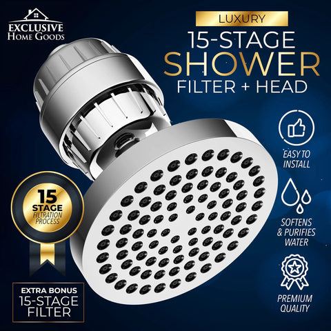 High Pressure Rainfall Shower Head Set That Delivers A Real Deal Clean By Filtering Chlorine, Heavy Metals And Impurities While Softening Water, 15 Stage Filtration With KDF 55 Activated Carbon, 90 Jets And 360 Degree Rotation For A Dope Shower in packaging, chrome finish