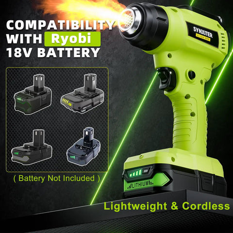 Cordless 18V Heat Gun With 350W Power, LED Light, Quick Heat In Seconds, Variable Temperature 120 To 122°F, Includes 4 Nozzles And Scraper, Low Voltage Protection, Great For Crafts And DIY Projects Battery Not Included, green cordless heat gun with battery pack