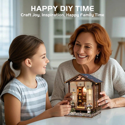 Family enjoying DIY Book Nook Kit Japanese Machiya with LED Light, 3D Wooden Puzzle for Adults and Beginners, home crafting